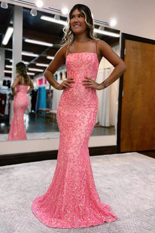 Pink Spaghetti Straps Sequins Mermaid Prom Dress MD092810