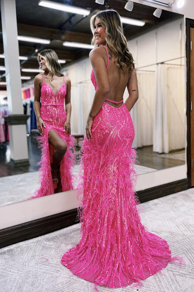 Mermaid V Neck Fuchsia Sequins Long Prom Dresses with Feather MD4010401