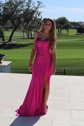 Chic Sheath Strapless Hot Pink Silk Satin Prom Dress DM24122602