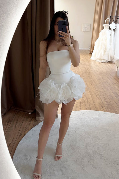 A Line Strapless Satin Short Wedding Dress with 3D Flowers DM12061506
