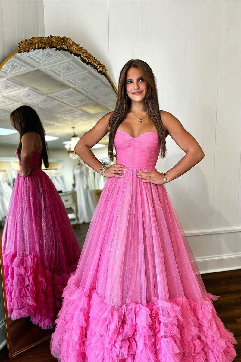 Sparkly A-Line Strapless Fuchsia Ruffle Tiered Long Prom Dress MD4033002