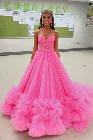 Cute Ball Gown Sweetheart Pink Tiered Tulle Long Prom Dress with Appliques MD4052704