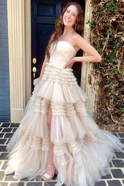 Glitter Beige Strapless Tulle Long Tiered Prom Dress with Slit DM3082807