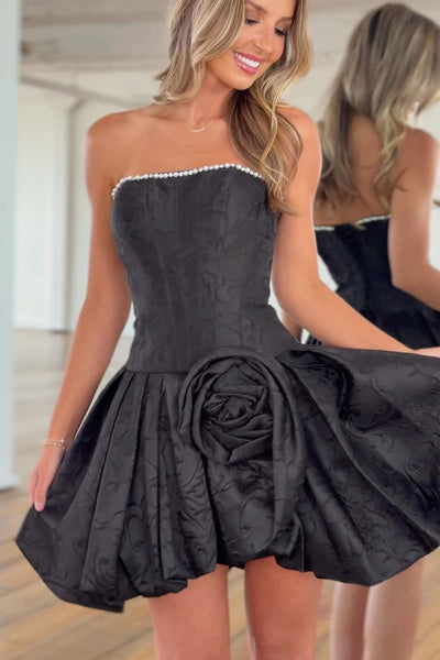 A Line Strapless Black Jacquard Satin Homecoming Dress DM12070715