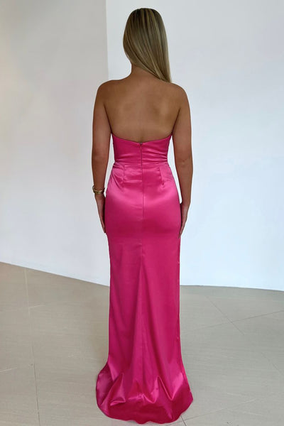 Simple Mermaid Strapless Fuchsia Satin Long Prom Dresses with Slit MD4062314