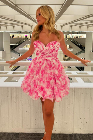 Pretty A Line Sweetheart Pink Floral Print Short Homecoming Dresses DM24080203