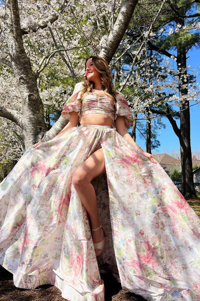 Princess Two Piece Floral Printed Long Prom Dresses with Slit MD4040305