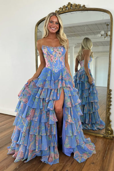 A Line Strapless Dusty Blue Floral Chiffon Tiered Prom Dress with Beading DM52102901