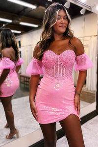 Cute Tight Sparkly Sweetheart Pink Sequins Short Homecoming Dress MD090703