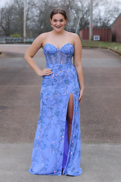 Mermaid Strapless Blue Sequins Appliques Long Prom Dress with Slit MD4030402
