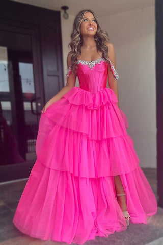 Charming Mermaid Sweetheart Hot Pink Tulle Long Prom Dresses with Beading MD100305