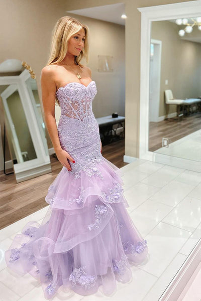 Charming Mermaid Sweetheart Tulle Long Prom Dresses with Appliques MD4012804