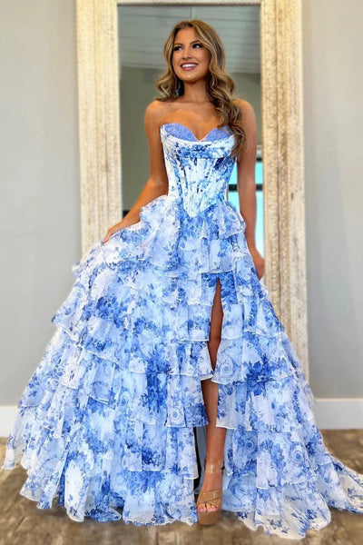 A Line Sweetheart Leopard Tiered Slit Prom Dress with Appliques DM15010608