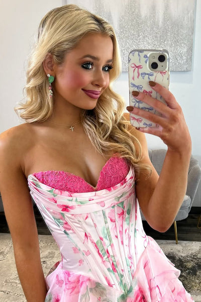 Gorgeous A Line Sweetheart Pink White Floral Chiffon Tiered Prom Dress with Appliques DM52112702