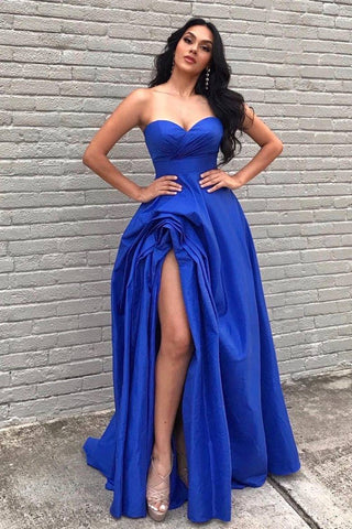 Fashion A Line Sweetheart Satin Long Prom Dresses with Slit DM241019003