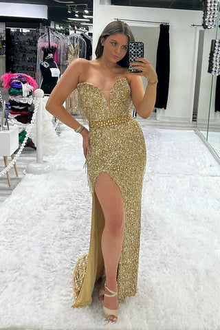 Gold Sequins Strapless Mermaid Long Prom Dress with Slit MD4031705