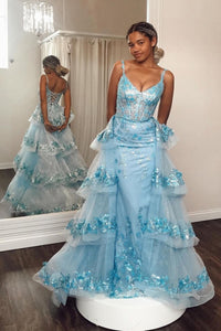 Blue Sequin Lace V-Neck Prom Dress with Attached Train MD112409