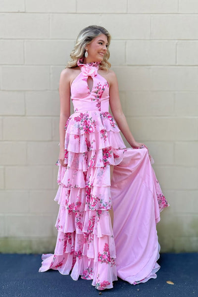 Charming A Line Pink Chiffon Floral Print Satin Prom Dress with Slit DM1111203