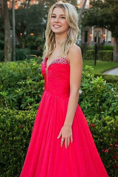 Cute A Line V Neck Red Chiffon Long Prom Dress with Beading DM16021105