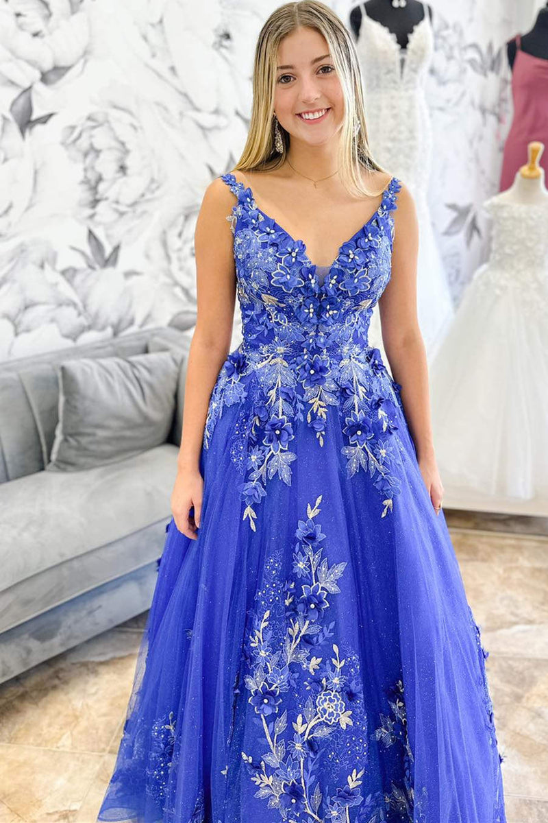 Periwinkle V-Neck Floral Embroidery A-Line Long Prom Dress MD112702