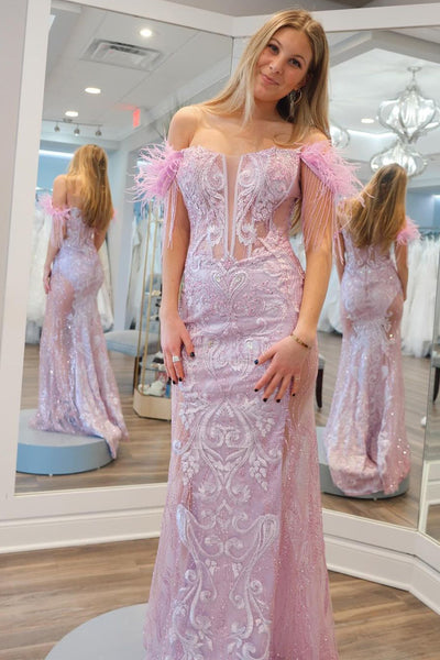 Mermaid Off the Shoulder Sequins Appliques Pink Long Prom Dress MD4031503