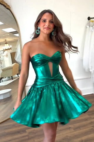 A-Line Strapless Dark Green Keyhole Short Homecoming Dresses DM24071807