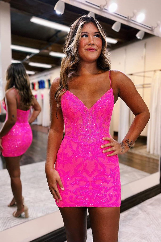 Cute Sparkly V Neck Pink Sequins Lace Short Homecoming Dress MD090701 Dressmeet Cute Sparkly V Neck Pink Sequins Lace Short Homecoming Dress MD090701 Dressmeet