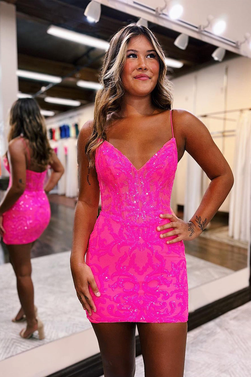 Cute Sparkly V Neck Pink Sequins Lace Short Homecoming Dress MD090701