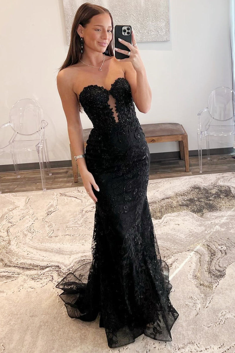 Black Appliques Sweetheart Keyhole Trumpet Long Prom Dress MD112007