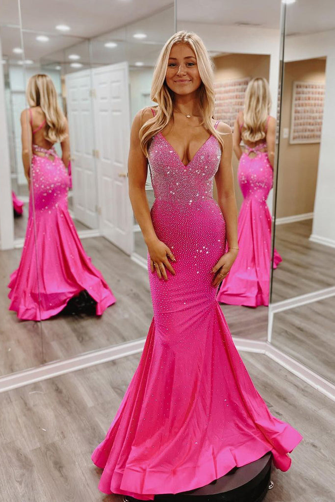 Hot Pink V Neck Satin Mermaid Long Prom Dresses with Beaded MD120902 Dressmeet Hot Pink V Neck Satin Mermaid Long Prom Dresses with Beaded MD120902 Dressmeet