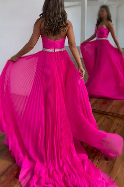 Sparkly Hot Pink Chiffon Pleated Long Prom Dress with Slit MD122705