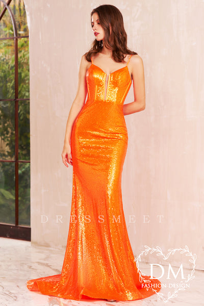 Orange Sequins Spaghetti Straps Mermaid Long Prom Dress MD122101