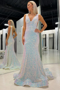 White V Neck Sequins Mermaid Long Prom Dress MD4031904