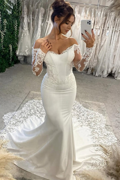 Elegant Mermaid Off the Shoulder Satin Prom Dress with Appliques DM1111806