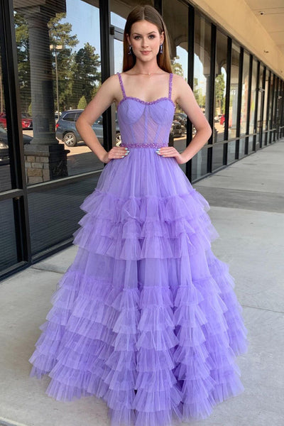 Princess A-Line Sweetheart  Lilac Tulle Long Prom Dresses with Beading MD4040805