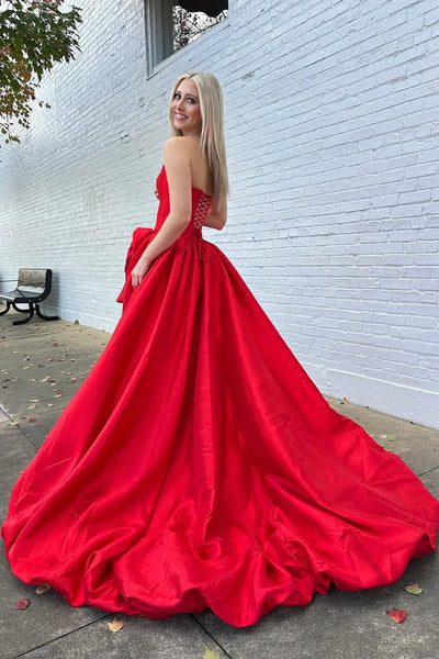 Gorgeous A Line Scoop Neck Red Satin Prom Dress with Bow DM1111003