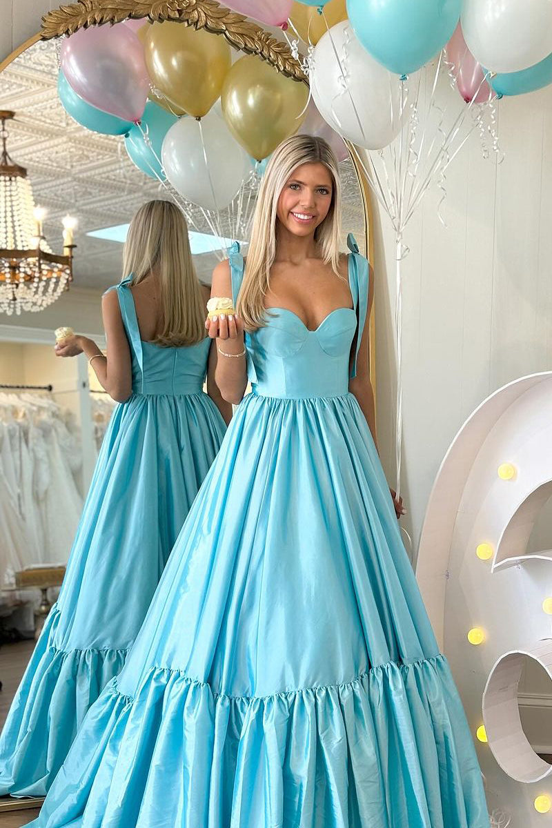 Light Blue Sweetheart Ruffle Satin Long Prom Dress MD4020804