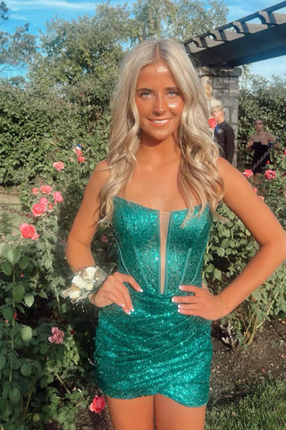 Cute Tight Green Sequins Short Homecoming Dresses DM102103