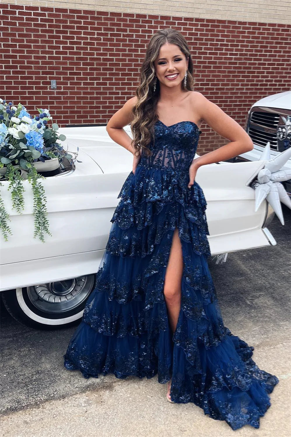 Cute A Line Off the Shoulder Navy Tiered Tulle Prom Dress with Appliques DM24122603