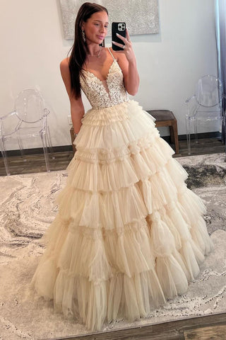 Champagne V Neck Tiered Tulle Long Prom Dress with Appliques MD4012803