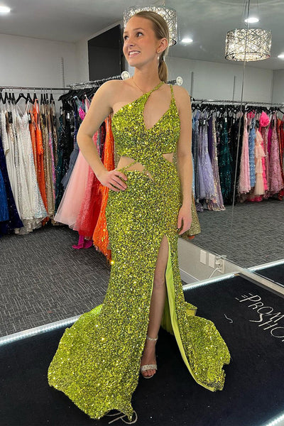 Yellow Green One Shoulder Cutout Sequins Mermaid Long Prom Dress with Slit MD4032201