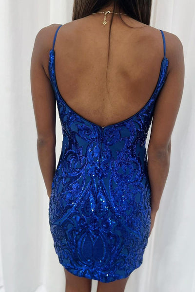 Royal Blue Sequins V Neck Tight Short Homecoming Dresses VL082205