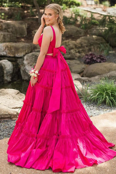 Two Piece V Neck Pink Ruffle Tiered Long Prom Dress MD4051602