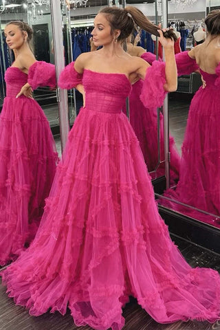 A-Line Strapless Fuchsia Corset Ruffled Long Prom Dress MD110301