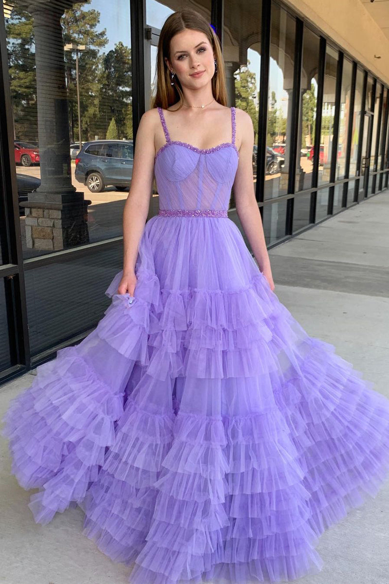 Princess A-Line Sweetheart  Lilac Tulle Long Prom Dresses with Beading MD4040805