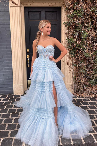 Light Blue Sweetheart Tiered Tulle Long Prom Dresses with Appliques MD4010601