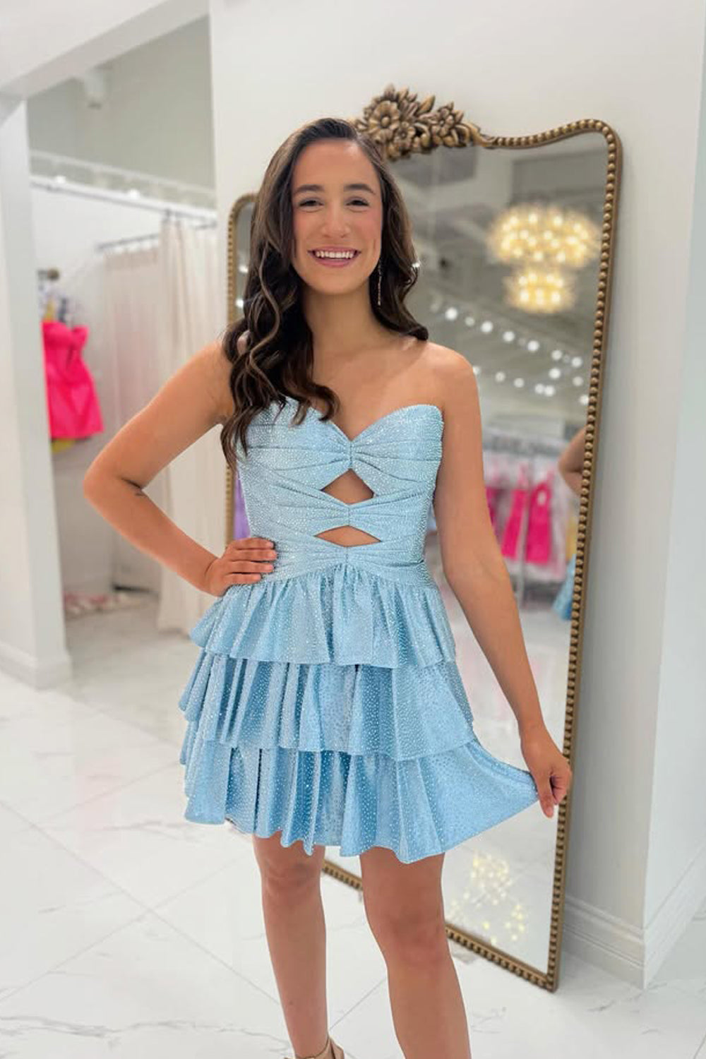 A Line Sweetheart Keyhole Light Blue Homecoming Dress with Beading DM071408