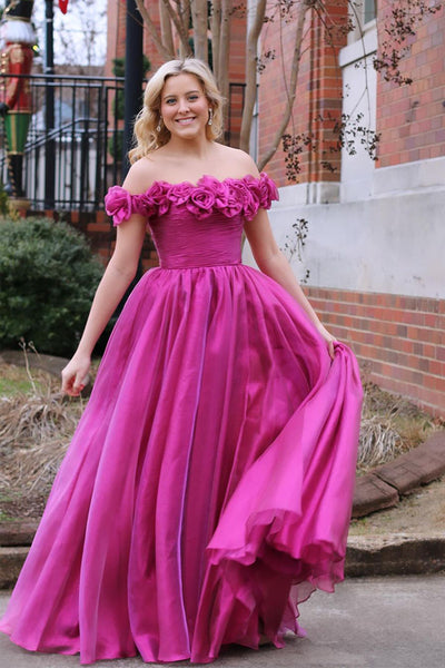 Fuchsia Off the Shoulder Tulle Long Prom Dresses MD4010806