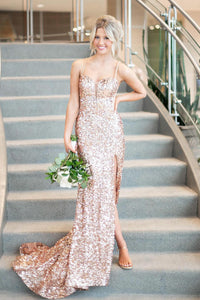 Sparkly Champagne Sequins Sweetheart Mermaid Long Prom Dress MD4031702