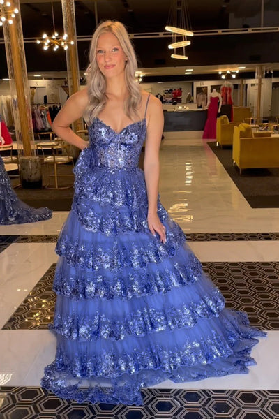 Sparkly Light Blue Spaghetti Straps Tiered Lace Long Corset Prom Dress DM3082805